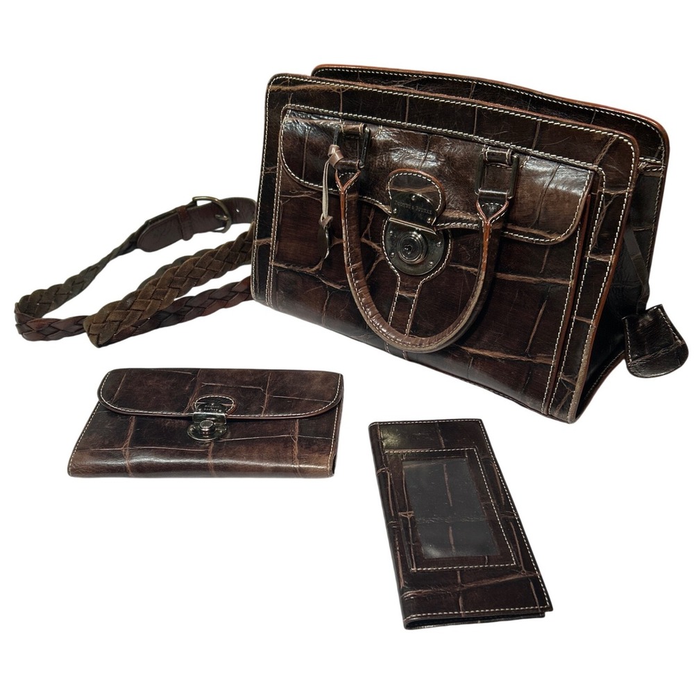 Dooney & Bourke Croc Embossed Leather Satchel Bag Wallet Set Brown